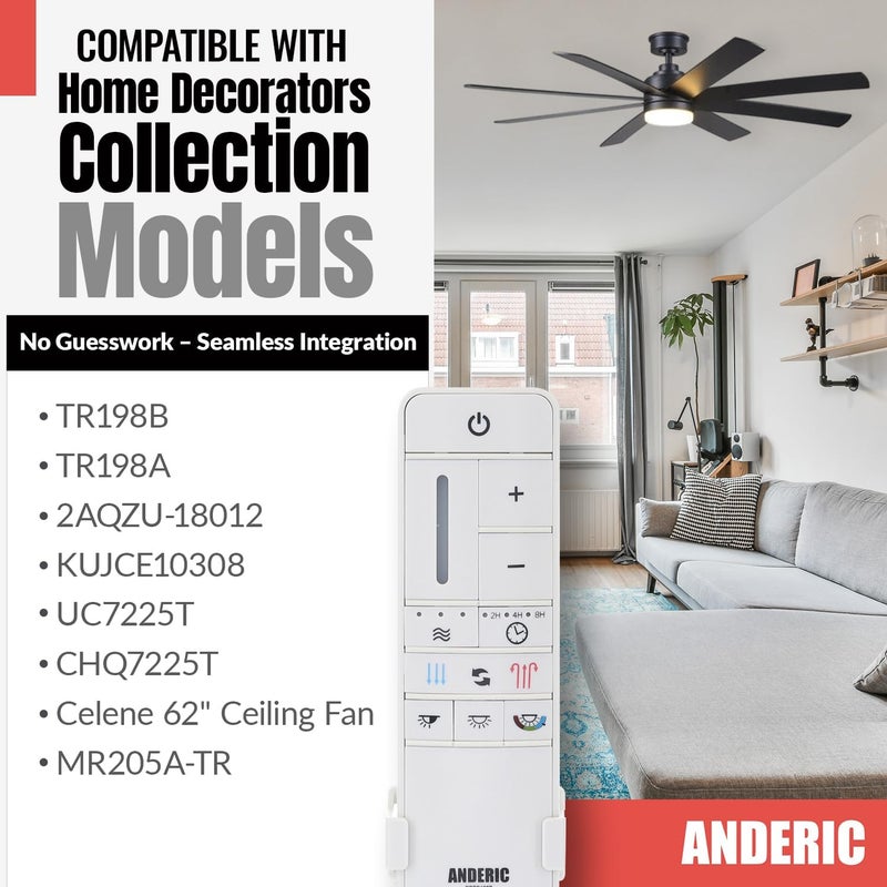 Anderic UC7225T Ceiling Fan Remote Control Replacement – 9-Speed Fan Control with Light Dimming, Breeze – Compatible ONLY with Home Decorators Collection TR198A KUJCE10308 – Receiver Required – White - Image 2